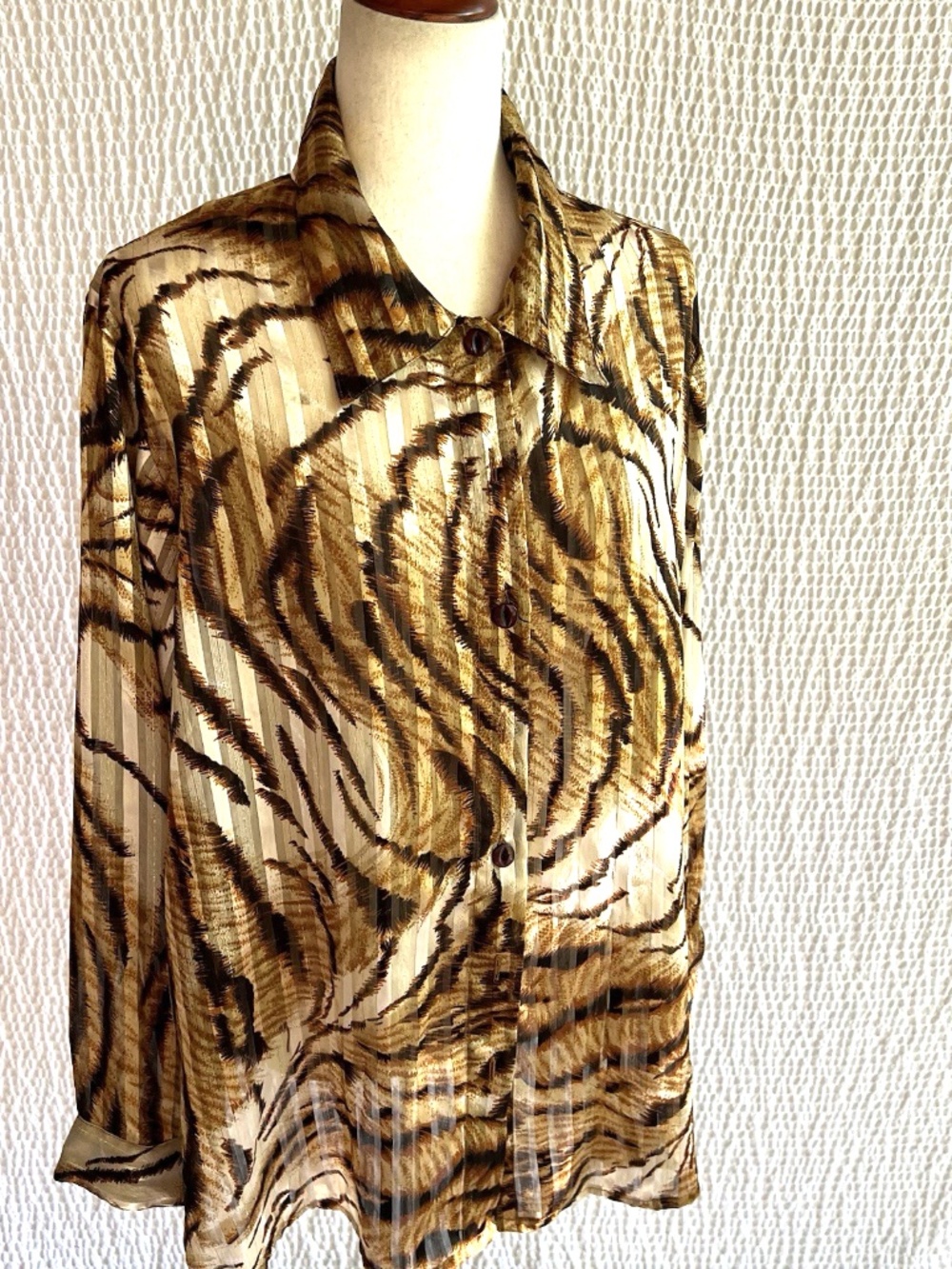Animal Print womens 2X Shirt Top Gold Metallic Lagenlook Semi Sheer Long Slv
